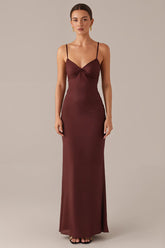 Braunes Etui Abendkleid mit Spaghettiträgern